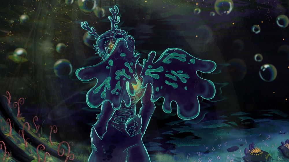 rendered drawing of a deer fursona as the album cover for "plastic death" by glass beach