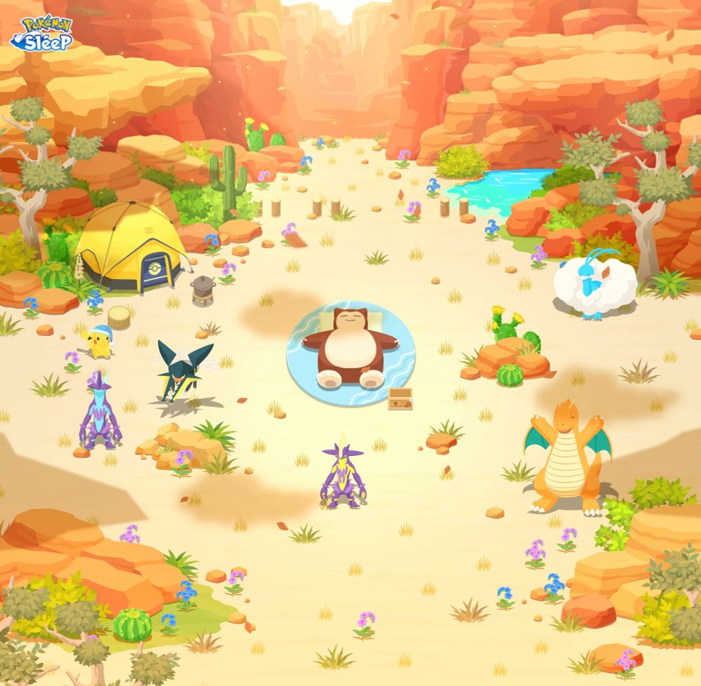 A panoramic picture of Altaria, Sparky the Dragonite, Toxie the Amped-Up Toxtricity, Vikavolt, and Trixie the Low-Key Toxtricity, along with sleepy Pikachu, surrounding a brown colored Snorlax in a desert canyon area called Amber Canyon