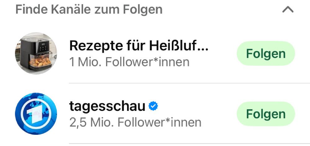 Screenshot: 
Tagesschau 2,5‘ Mio. Follower 
Rezepte für Heissluftfritteusen 1,0 Mio Follower