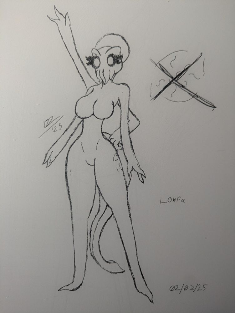 Pencil sketch of anthro octopus with four arms, a tattoo on her thigh and a crossed out demon symbol next to her