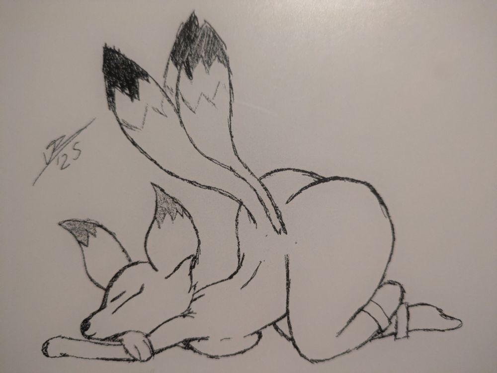 Pencil drawing of an anthro Keaton woman wearing nothing but boots laying down with her butt and three tails in the air, squishing her boobs against the ground