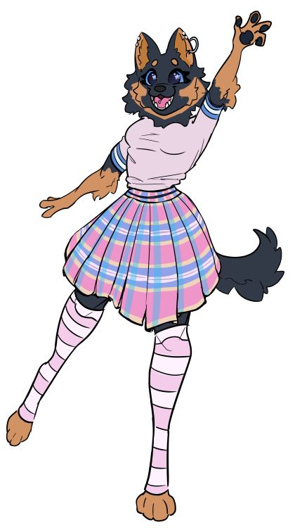 an anthropomorphic bohemian shepherd girl in a pink and blue skirt wearing a pink shirt and pastel pink and white knee high stockings 