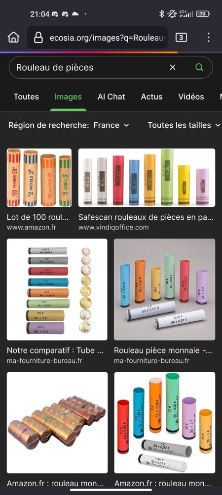 Capture d'écran d'une recherche internet à propos de "Rouleaux de pièces". On voit plusieurs images avec des tubes en carton contenant des pièces, chacun contenant des dizaines de pièces d'une même valeur. On voit aussi une photo ou les pièces sont emballées en piles dans du plastique transparent. 