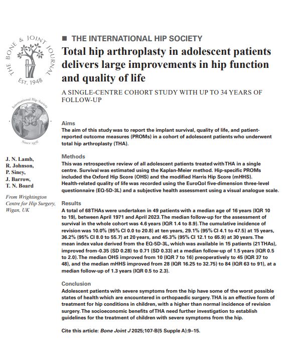 The Bone & Joint Journal. International Hip Society.
Abstract text for article titled 'Total hip arthroplasty in adolescent patients delivers large improvements in hip function and quality of life'.