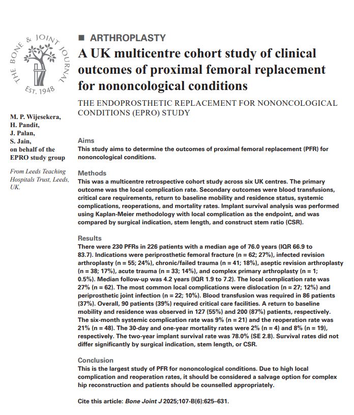 Abstract text for the article 'A UK multicentre cohort study of clinical outcomes of distal femoral replacement for nononcological conditions: the EndoProsthetic Replacement for nonOncological conditions (EPRO) study'
