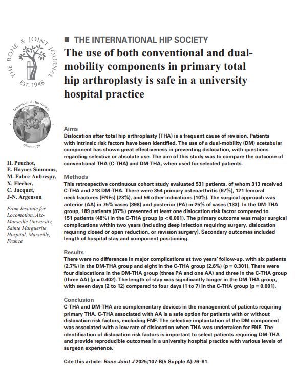 The Bone & Joint Journal. The International Hip Society.
Abstract text for the article titled 'The use of both conventional and dual-mobility components in primary total hip arthroplasty is safe in a university hospital practice'.