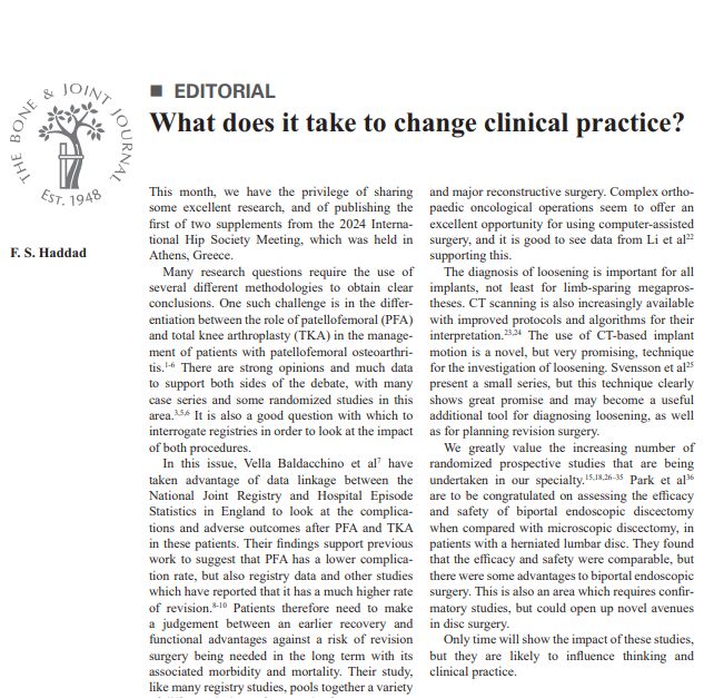 Extract from article titled 'What does it take to change clinical practice?'.
The Bone & Joint Journal.