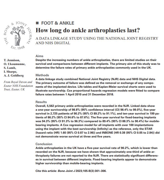 Study summary on ankle arthroplasty survival rates using UK National Joint Registry and NHS Digital data.
The Bone & Joint Journal.
