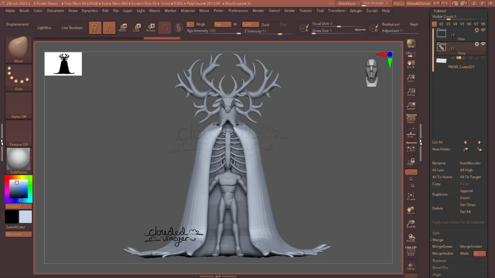 A digital sculpt blockout of the illustration "A kinder death" by Kibbowle on twitter