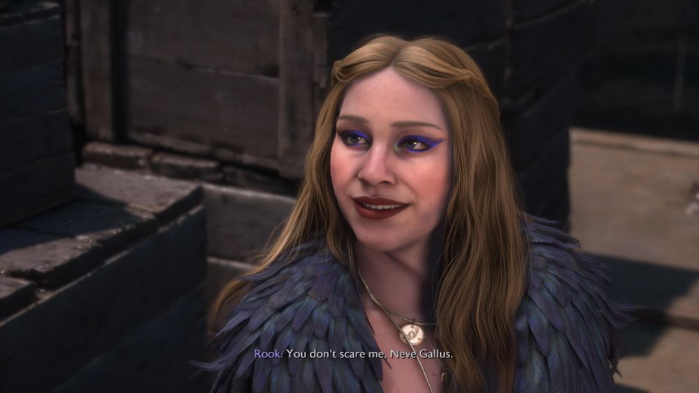 screenshot from dragon age the veilguard of a dwarven lady with blonde hair, red lipstick, blue eyeshadow and that one sexy crow armour smiling at neve off camera