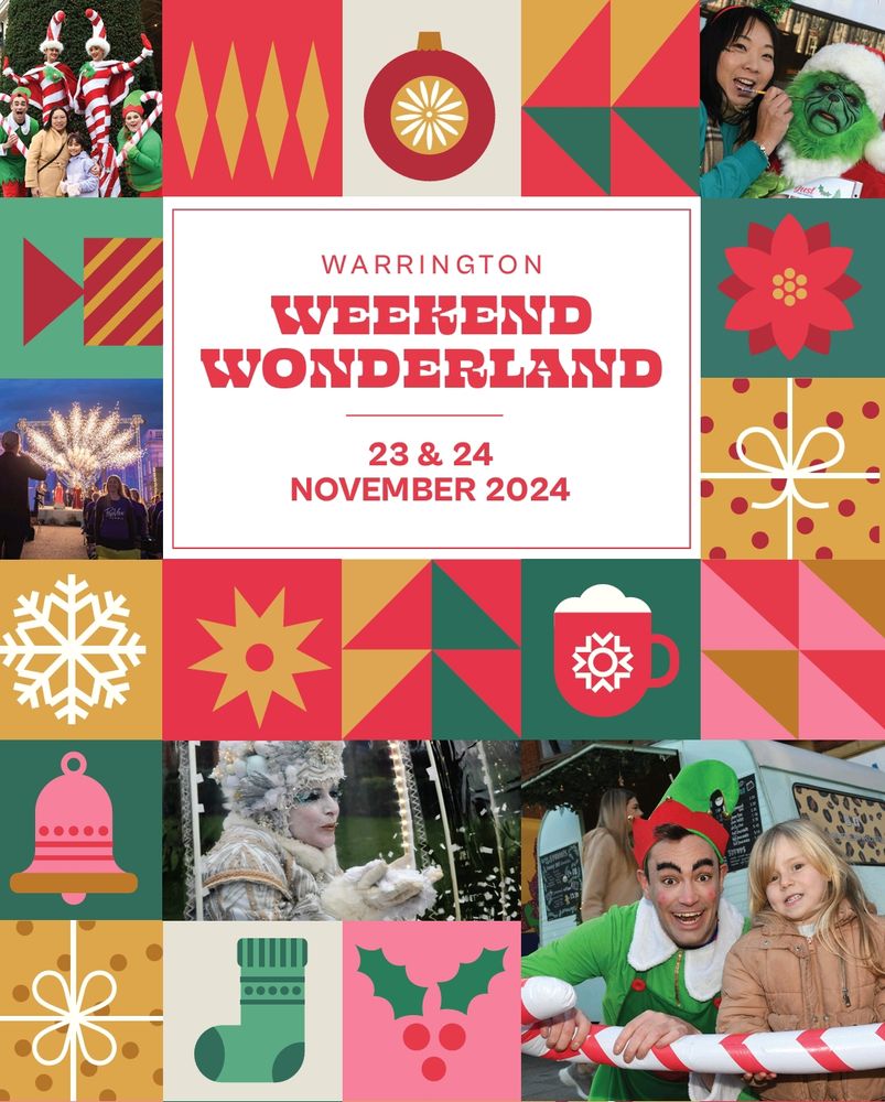 Advertising flyer for Warrington Weekend Wonderland. A white square with red text in the center upper third advertises the weekend with the dates 23&24 November 2024. Surrounding it are colourful squares of Christmas imagery such as snowflakes, stockings etc, interspersed with photos of festive activities such as meeting Santa's elves, Christmas lights etc