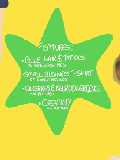 Detail of the previous picture. A six pointed green star has white hand-drawn writing on it reading
Features: 
• Blue hair & tattoos to repel gross men
• small business t-shirt by Sophie Heywood 
• Queerness & neurodivergence not pictured
• Creativity no art theft 