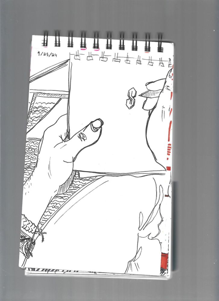 a line drawing of the point of view of an artist as they draw in a sketchbook