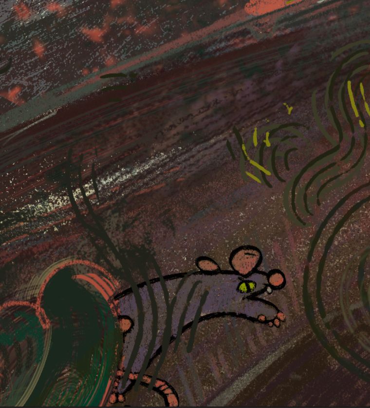 A drawing of a purple and grey rat running through a patch of.