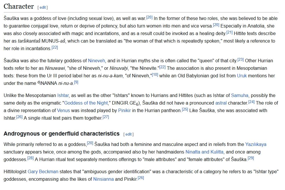 Screenshot of Wikipedia article describing goddess Šauška, goddess of love and war, who was somewhat gender ambiguous and  believed to turn women into men and vice versa