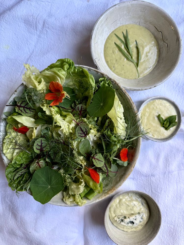 A large bowl by potter Anne Matte Hjortshøj containing assorted green salad leaves surrounded by three smaller bowls of salad dressings. 