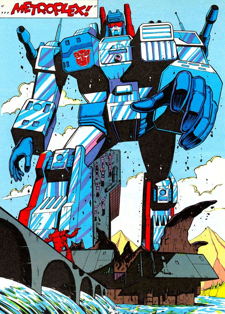 Metroplex, the gigantic Autobot that transforms into a city, looms over a tiny decepticon.