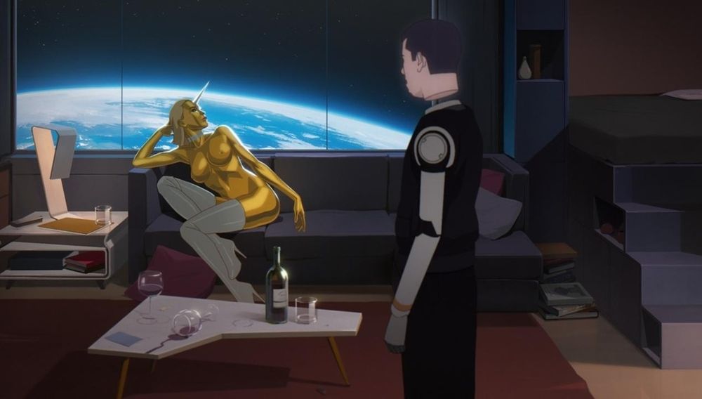 Escena de la película Mars Express, donde Carlos, un policía cibernético, contempla a una sexbot.
