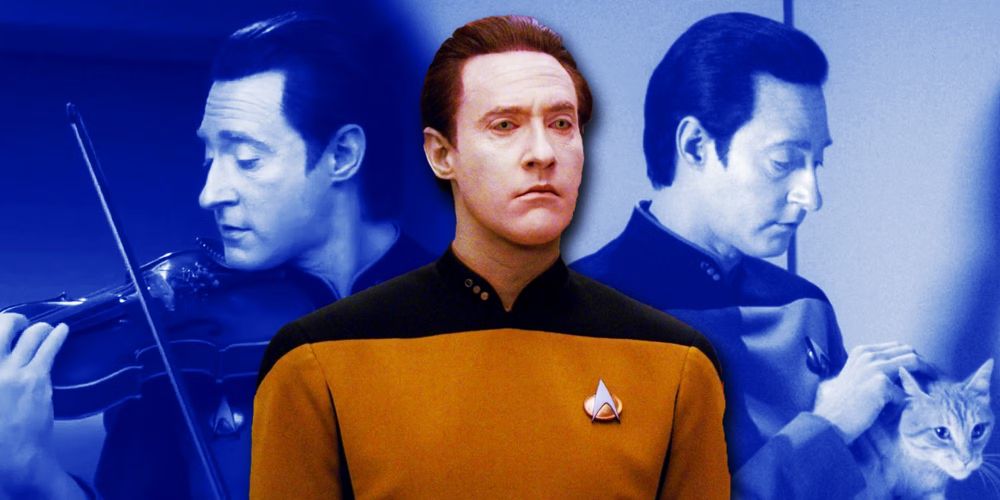 Data, the android character from Star Trek: The Next Generation, shown in three different poses: playing a violin, being concerned, tenderly grooming his pet cat, Spot - showing the multiple facets of the character.