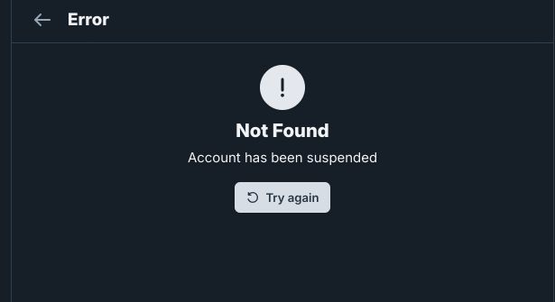An error screen in a Bluesky user page, with the following text reading: "Not found, account has been suspended"
