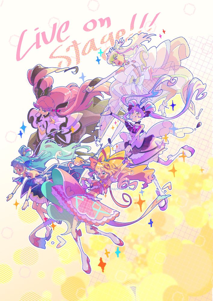 The cast of Kimi to Idol Precure (from top to bottom, right to left, Cure Kiss, Cure Zukyoon, Cure Wink, Cure Kyun Kyun, Cure Idol) Flying across patterns of bubbles and cross hatches. The text behind them says "Live on Stage!!!" 