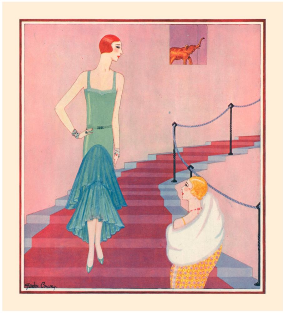 a fashion illustration by Gordon Conway from 1929 featuring a woman going down the stairs wearing a green dress titled "Gown for Winter Festivities" meeting another women in a yellow coat.