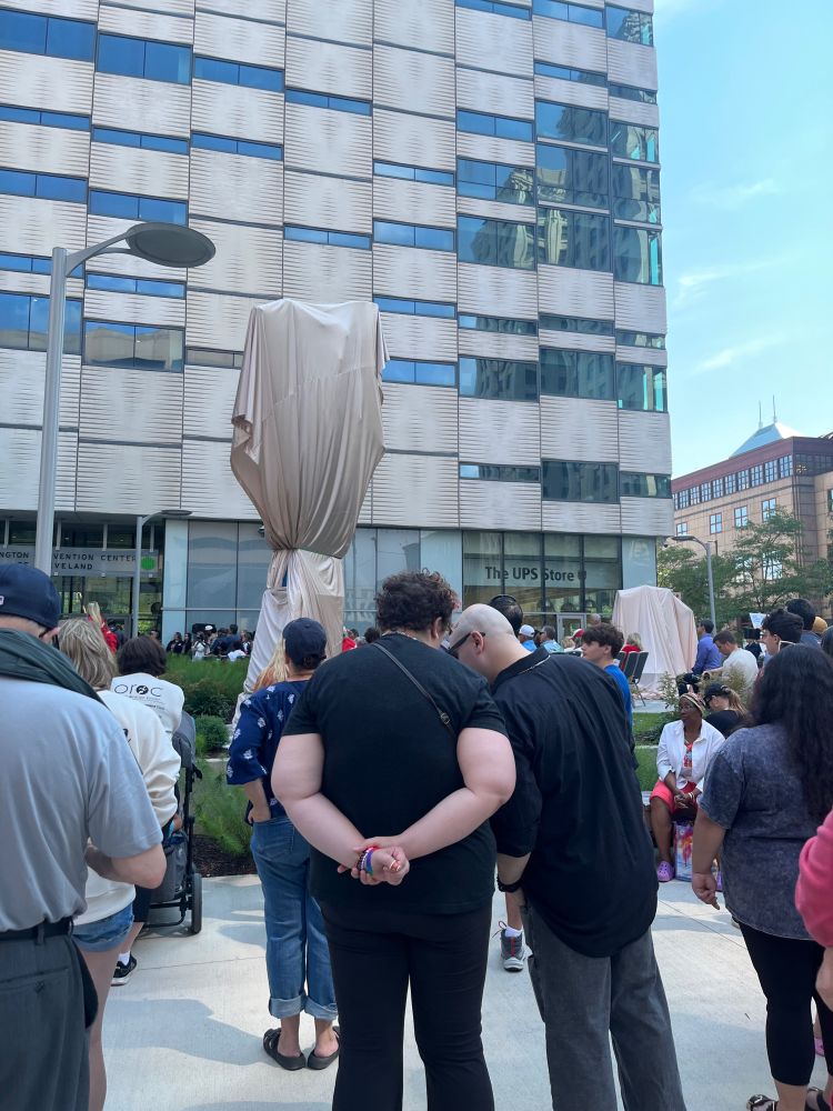 Showing the unveiling of Superman’s statue in downtown Cleveland 