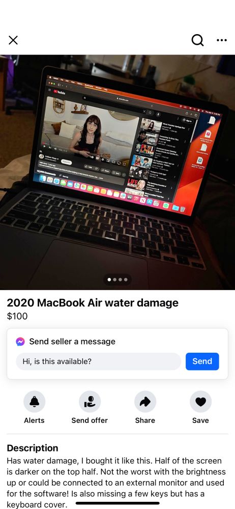Facebook marketplace listing for a 2020 MacBook Air with water damage for $100 but the screen is displaying canceled influencer Colleen Ballinger’s infamous “toxic gossip train” ukulele YouTube video 