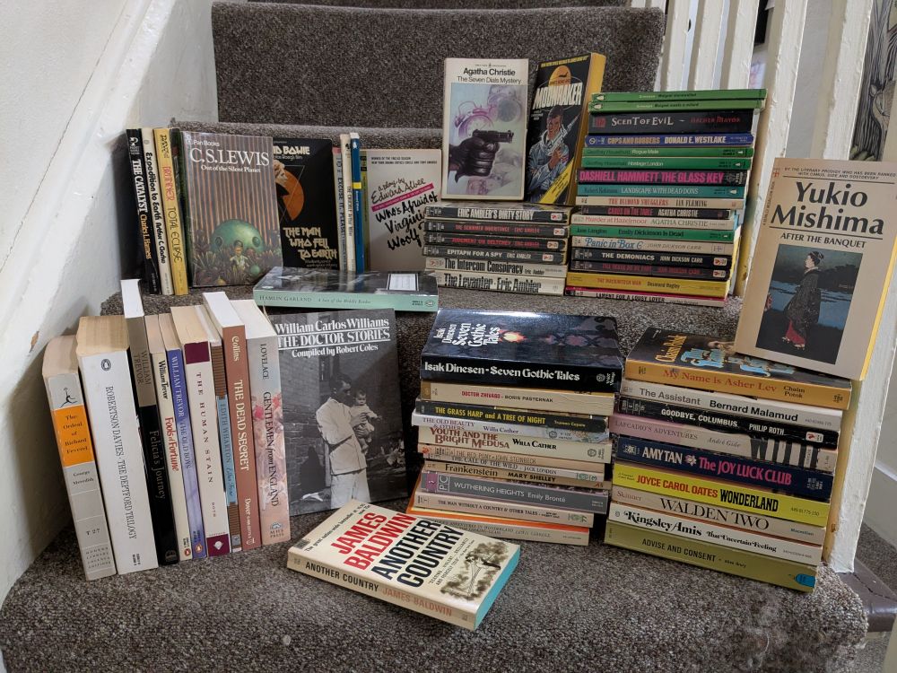So. Much. Paperback. Fiction. Including a couple dozen mystery/thriller type books with breathtakingly 70s cover art, a copy of C.S. Lewis' Out of the Silent Planet which is scarce as hen's teeth, William Carlos Williams' doctor stories, a couple of Willa Cather collections, Philip Roth, Andre Gide, James Baldwin... who was looking for Drury's Advise and Consent? It's here at the bottom right 