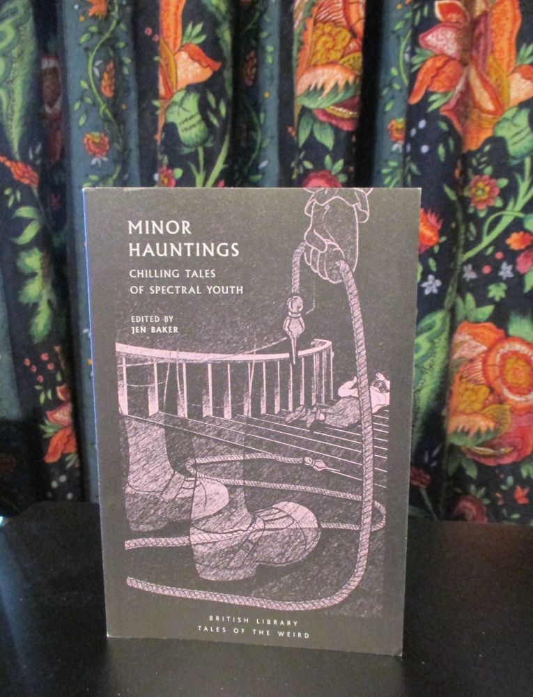 Black and purple book cover Minor Hauntings, showing a pair of spectral boots standing on a landing, a hand holding a jump-rope and a body at the bottom of the stairs.