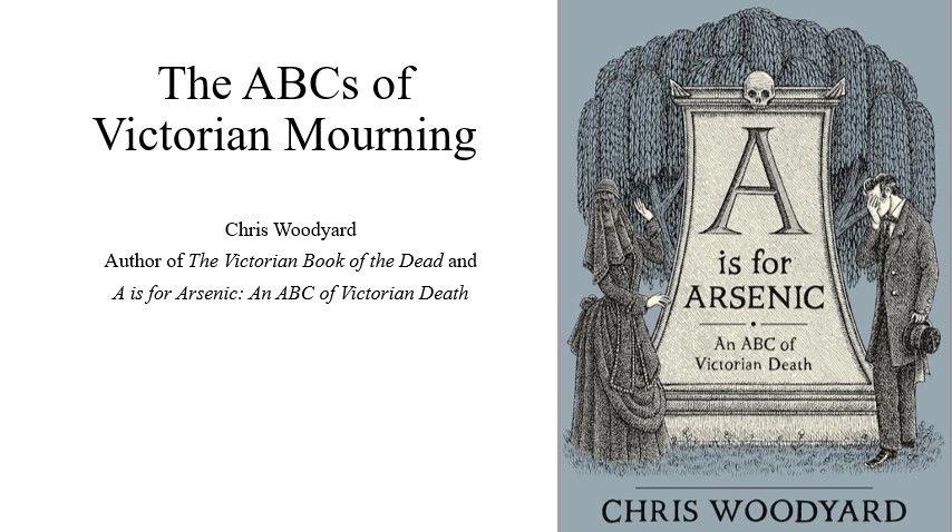 Man and woman mourning by a tombstone. The cover of the book A is for Arsenic: An ABC of Victorian Death