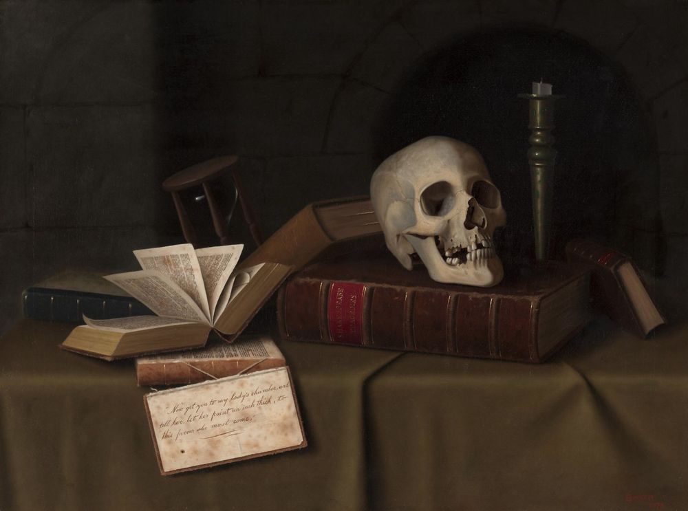 skull on book with snuffed candle and open and torn books, also hourglass.