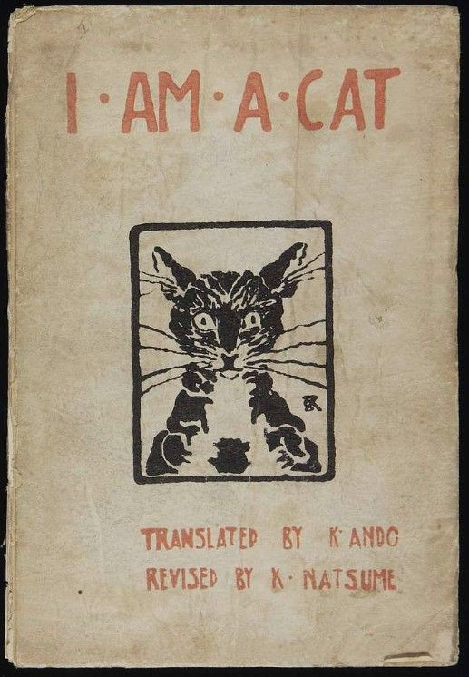 Book cover of I Am A Cat by K. Ando. Grubby cream background with a electrified black cat with whiskers spraying from ears and cheeks staring at the reader. 