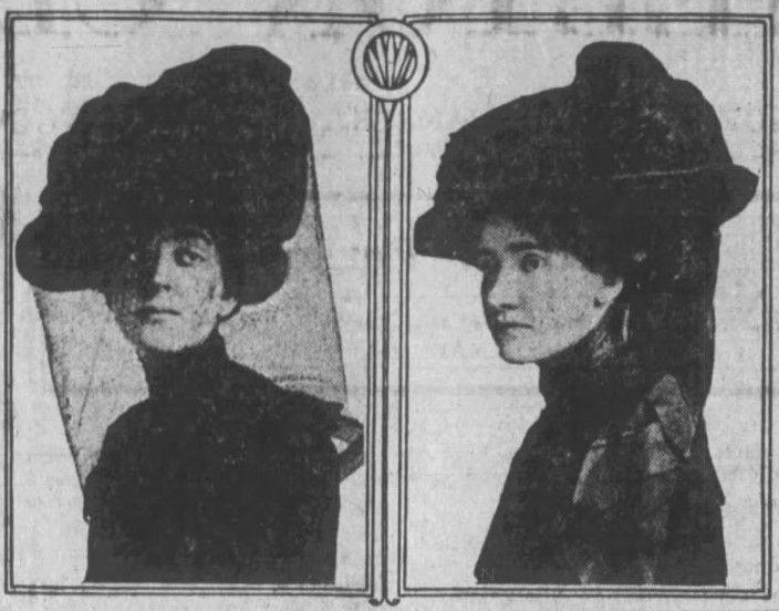 Two women wearing black dresses and elaborate mourning hats and veils