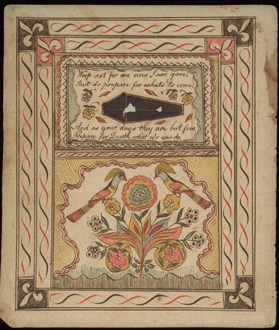 Fraktur-like mourning drawing with colorful birds on a flowering plant and a coffin surrounded by flowers above.