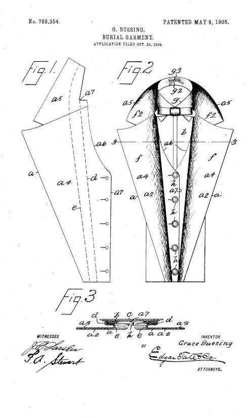 patent sketch of front of man's burial suit 1905
