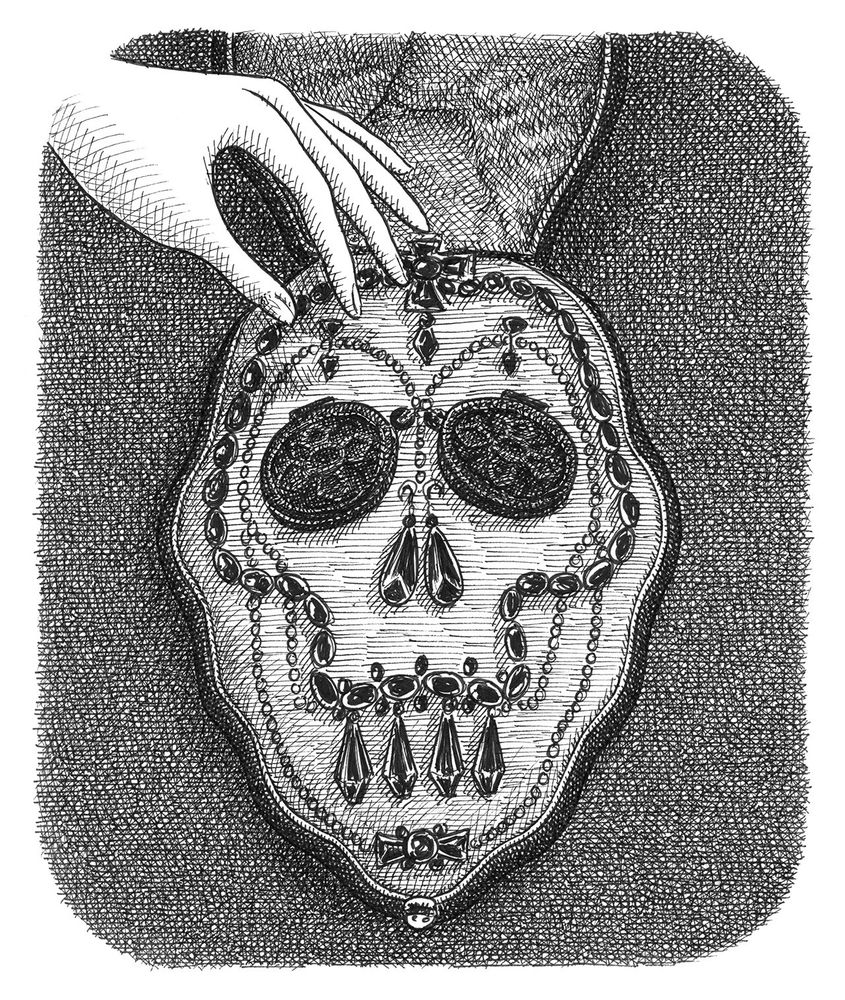 black and white drawing of a hand reaching into a jewel case where the jewels are arranged in the shape of a skull. 