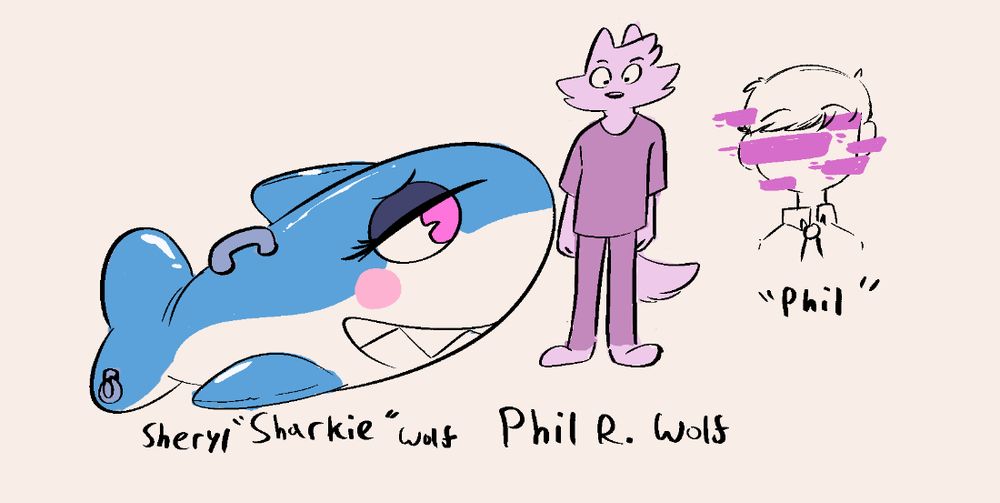 An inanimate pooltoy shark named Sheryl "Sharkie" Wolf, an anthropomorphic wolf named Phil R. Wolf, and an obscured face labeled "Phil" 