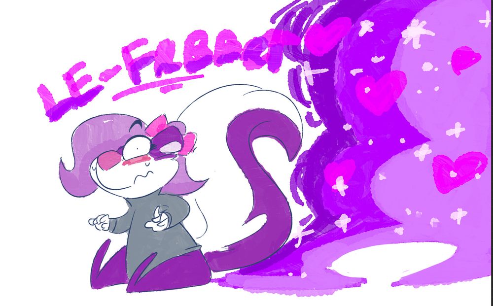 Fifi la Fume from Tinytoons Adventures farting purple sparkly clouds with hearts in them. The sound effect reads "LE-FRBBRT" 