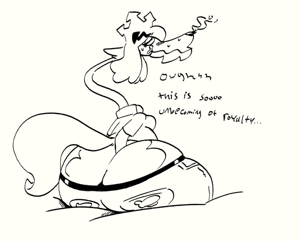 Queen Delrose sticking her entire hand down her ass cheeks while wearing casual streetwear with little pictures of blimps on her back pockets. The text reads "oughhh this is soooo unbecoming of royalty" 