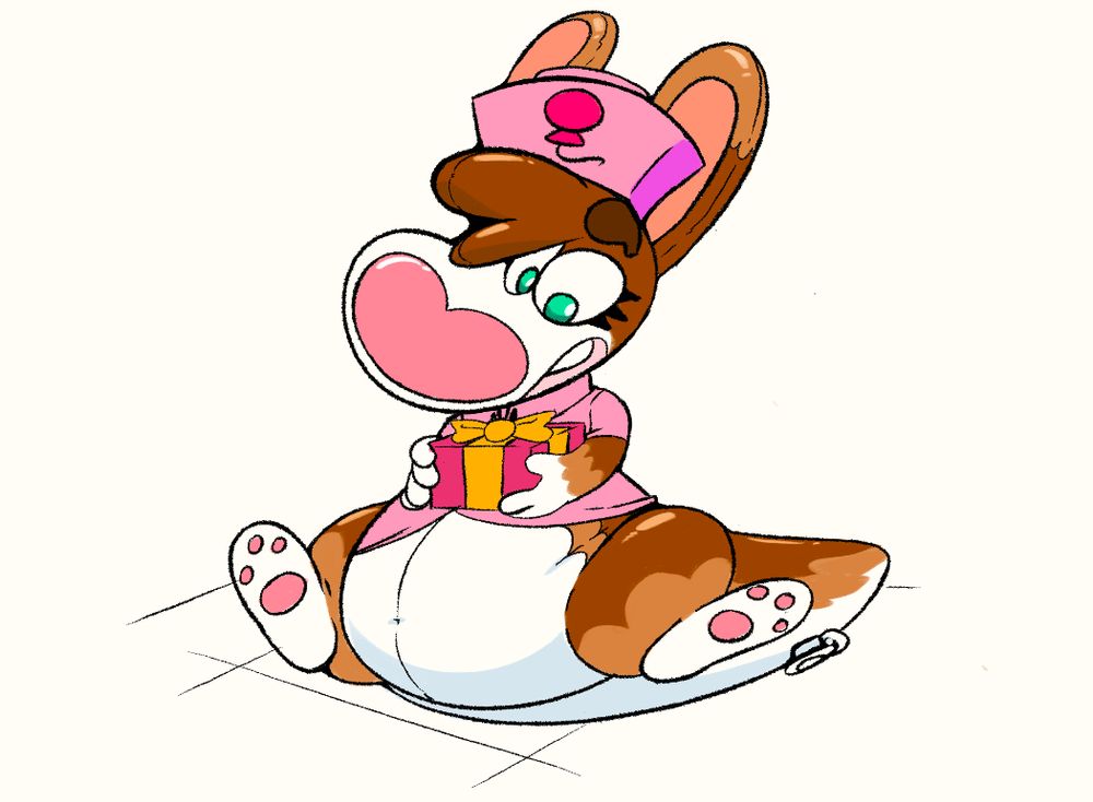 An anthropomorphic inflatable kangaroo pooltoy nurse sitting on her tail and holding a present in her hands. 