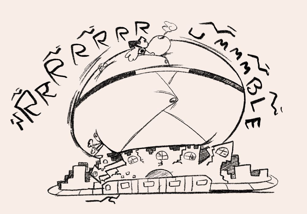 After a month of holding in her gas, Queen Delrose finally outgrows her castle, and perhaps even the city itself as she rumbles loudly. She is being poked by the tip of her castle's spire. 