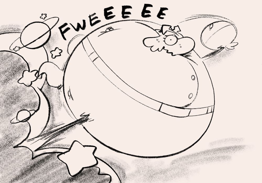 Queen Delrose springing a leak after her castle spire poked a hole in her as she flies around like a balloon due to the rush of gas escaping her with a loud FWEEEE 