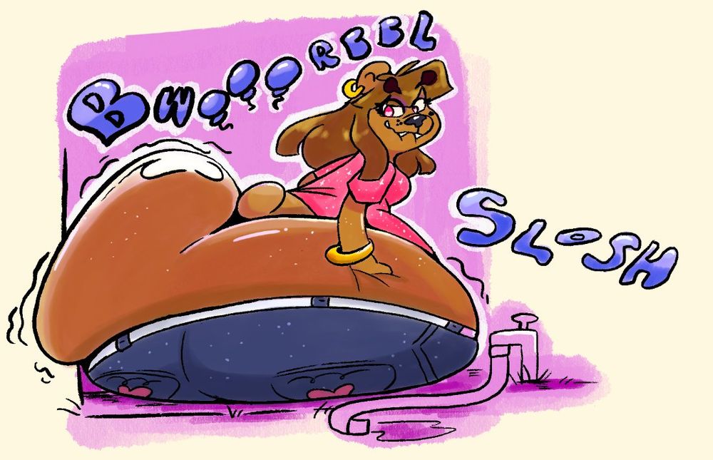 A bear sloshing like around like a water balloon after filing herself up. She has brown fur and lighter brown hair along with a golden bracelet, a hot pink shirt with bedazzled sparkles on them along with dark blue jeans that feature back pockets with hearts on them. The onomatopoeia reads BWOOORBBL and SLOSH. 