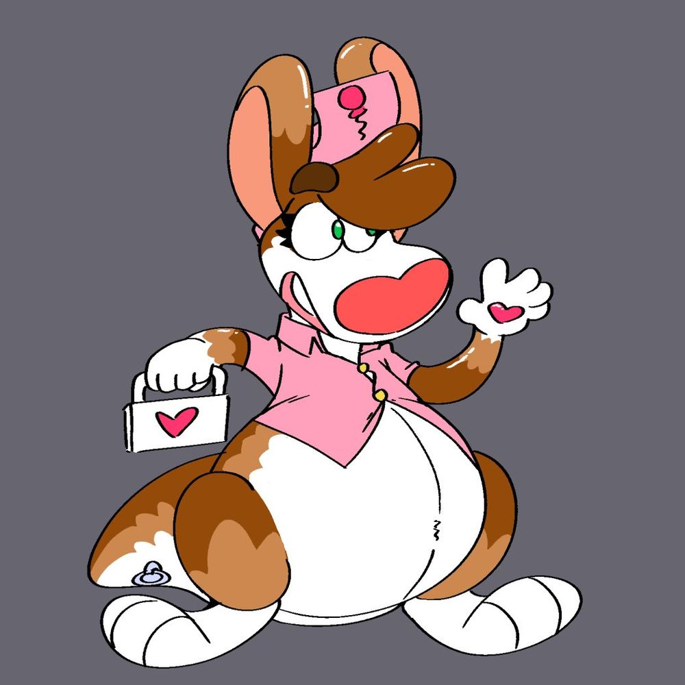 An anthropomorphic pooltoy kangaroo in a pink Nurse's outfit with a balloon emblem on her hat. She has brown rubber fur patterns accented by a lighter brown and white. She is holding a medical kit with a heart on it. 