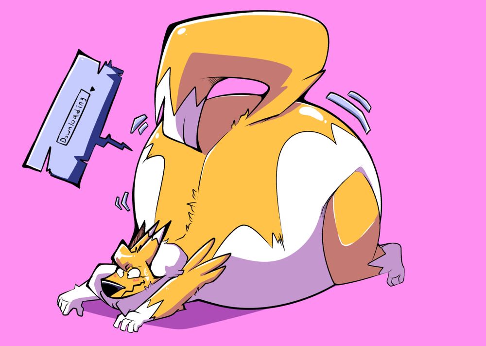 A renamon from the Digimon series being overinflated from data being downloaded into her. She has yellow fur accented with white tips.