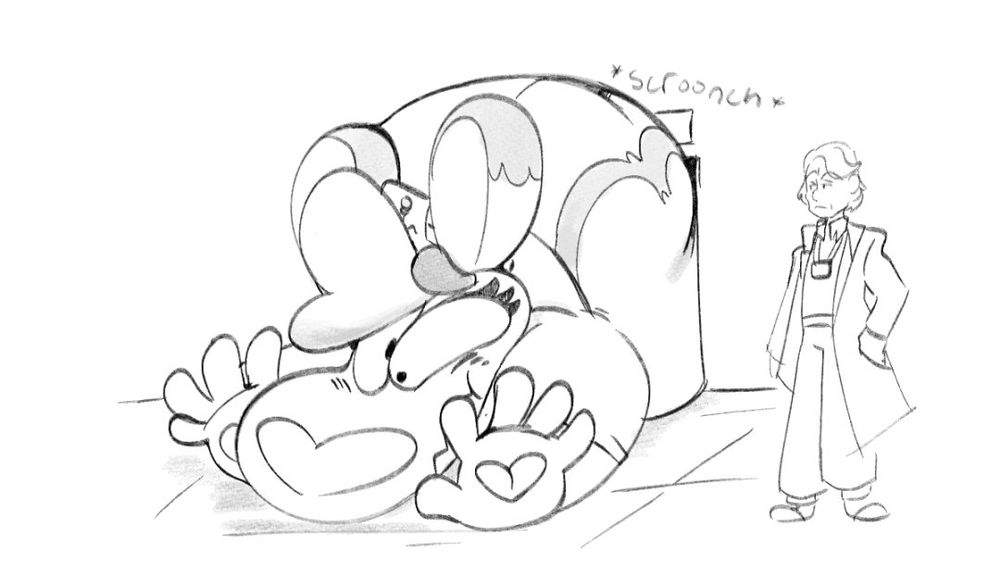 An overinflated kangaroo pooltoy nurse stuck in a doorway. The sound effect says "Scroonch" with a normal human looking at her. 