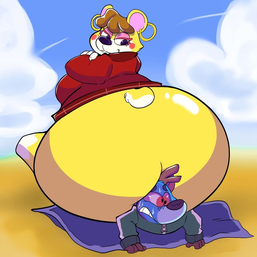 A yellow anthropomorphic bear with a big round monobutt sitting on a blue deer in a tracksuit. The bear has a smug expression on her face while the blue deer is struggling to get up. They are on a beach. 