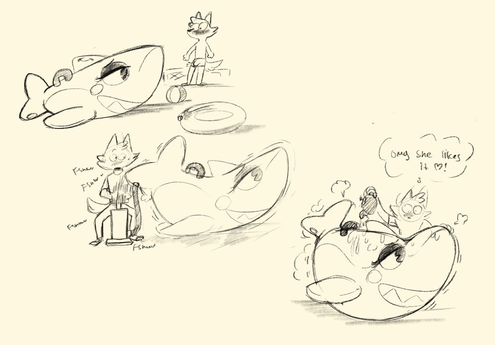 A series of doodles of an anthropomorphic canine and his an inanimate pooltoy inflatable shark. Text on the bottom right reads "omg she likes it!" 
