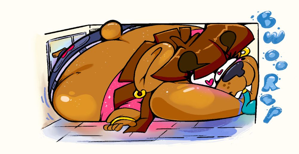 An anthropomorphic bear girl in a tight enclosed space with a hose in her mouth and being inflated like a water balloon. She has heart eyes and the text reads "BWOORBP" with a watery looking style.